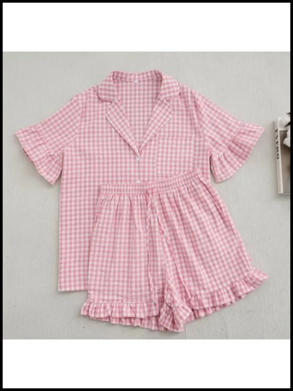 Womens Cotton Gingham Pajama Set Ruffle Shorts Lounge